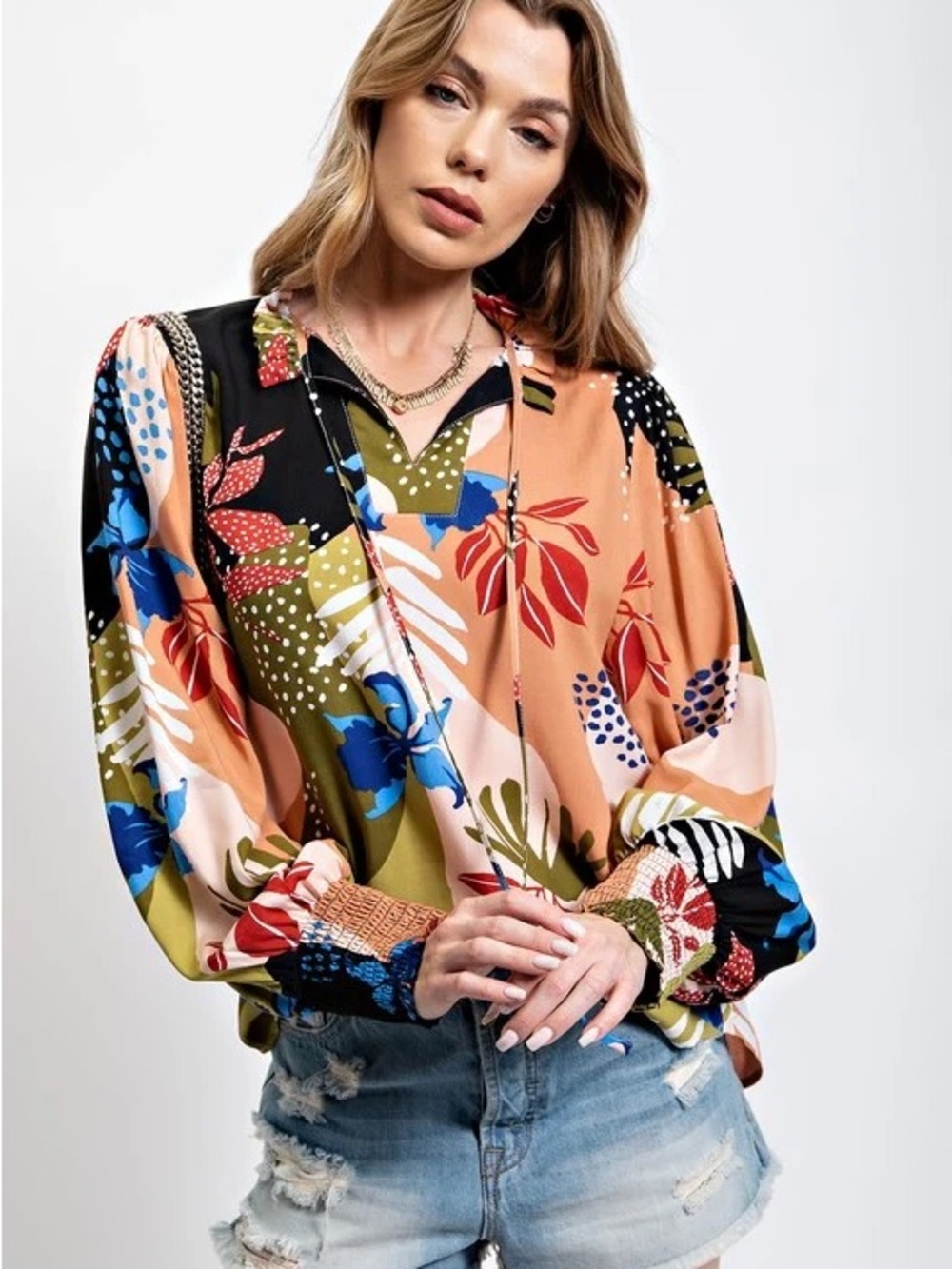 Easel Fall Orchid Floral Balloon Sleeve Blouse